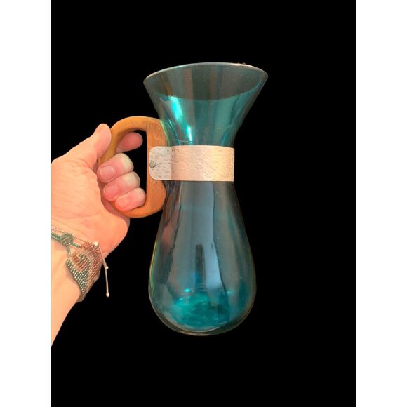 Vintage Blown Glass Turquoise Teal Water Wine Beverage Carafe Wood Metal Handle - Picture 3 of 11